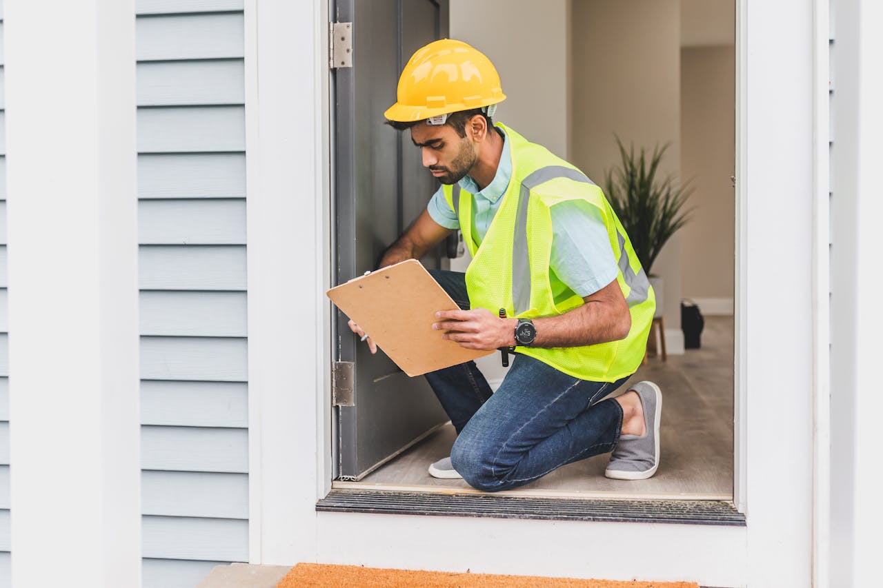 person with clipboard looks at door frame